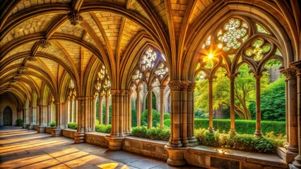 Fototapeta premium Arched stone cloisters with intricate carvings and lush greenery in the background, set against a warm golden light filtering through stained glass windows, plants, university buildings