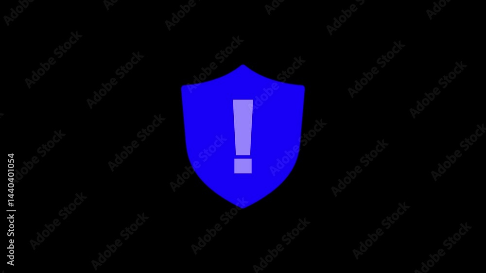Poster blue shield with exclamation point on black background animation security and alert concept