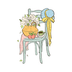 Pencil colored vintage chair holding a basket of flowers, a cup of tea, apples, and a straw hat isolated on white background. Hand drawn garden furniture illustration