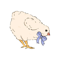 Pencil colored baby chicken with bow isolated on white background. Cute kid bird. Hand drawn farm chick animal illustration