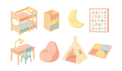 Cozy kids room icons set – bed, desk, lamp, moon, tent, chair, beanbag, alphabet