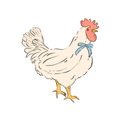 Pencil colored hen chicken with bow isolated on white background. Hand drawn farm chick bird animal illustration
