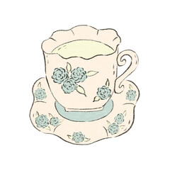 Pencil colored vintage cup of tea isolated on white background. Hand drawn flower teacup for party and afternoon drink illustration