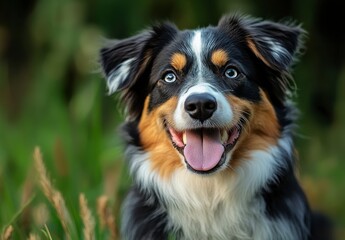 Happy Tri Colored Australian Shepherd Dog Portrait in Grassy Field