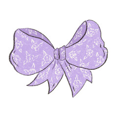 Hand drawn violet bow. Vintage pencil colored ribbon gift. Cute coquette wedding trendy purple bow sketch illustration
