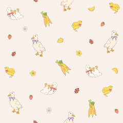 Seamless pattern with cute duckling. Background with baby duck and chicken. Easter little ducky, goose design texture illustration