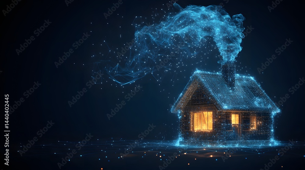 Poster digital rendering of a gabled house emanating warmth, depicted with glowing blue lines and points ag
