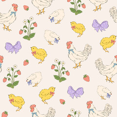 Seamless pattern with cute hen and chicken. Background with baby chick and strawberry. Easter little farm bird design texture illustration