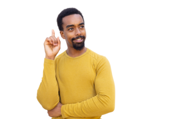 Young man pointing up having a good idea, isolated on transparent background