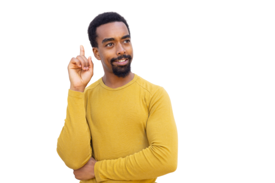 Young man pointing up having a good idea, isolated on transparent background