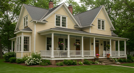 Fototapeta premium Charming Suburban Home With Covered Porch And Landscaped Yard