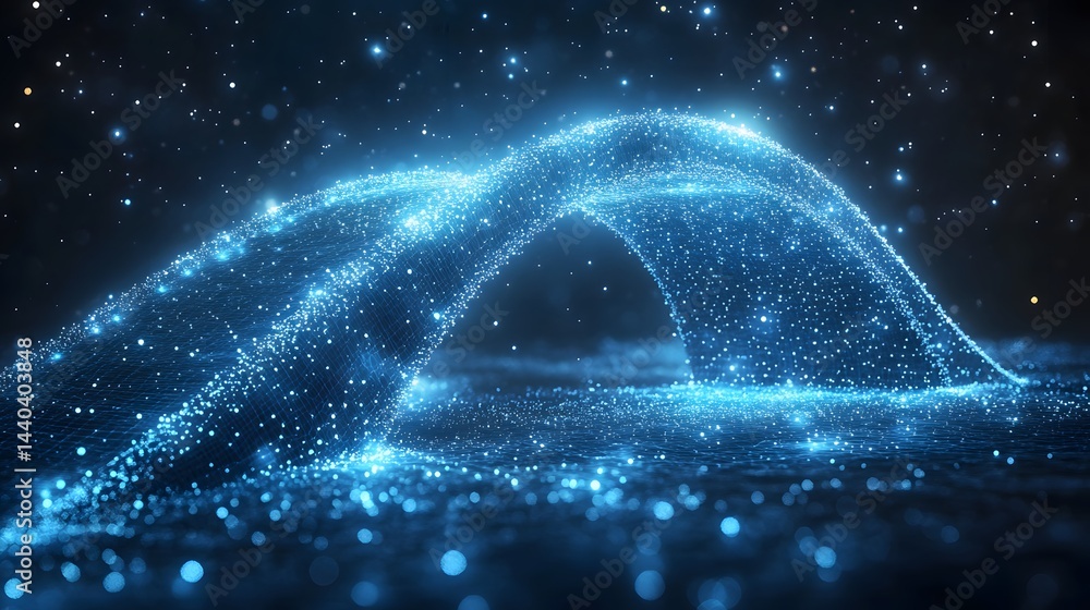 Poster Futuristic digital landscape featuring a blue arch of interconnected data points against a starry background. Represents networks, data visualization, technology, Abstract wireframe in dark blue.