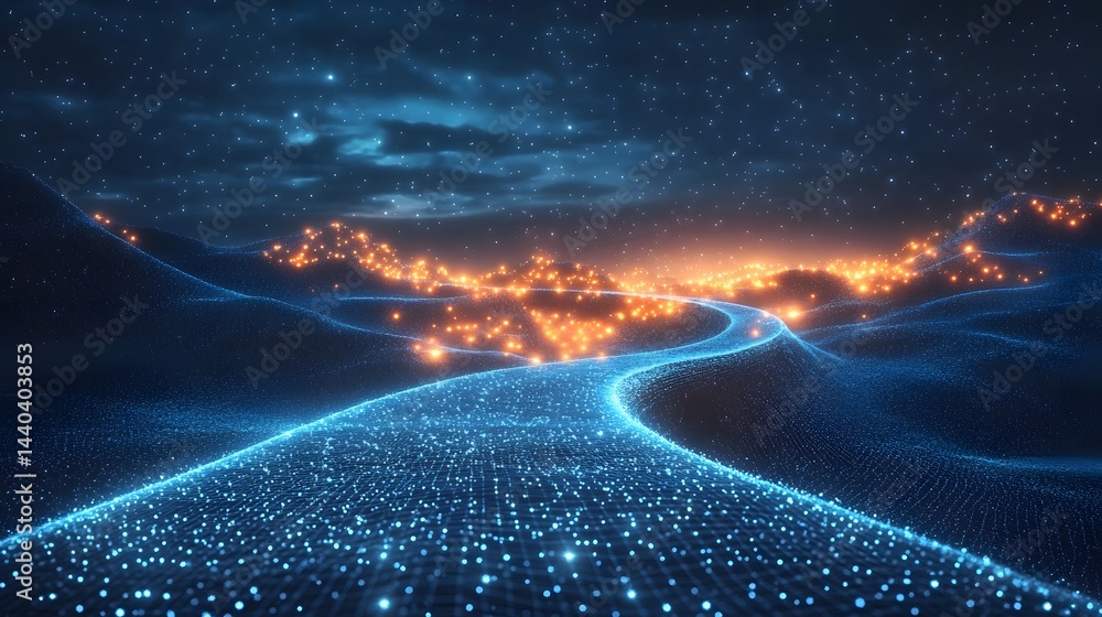 Fototapete a captivating night scene unfolds with grid-lit paths guiding the eye towards distant, warmly lit se