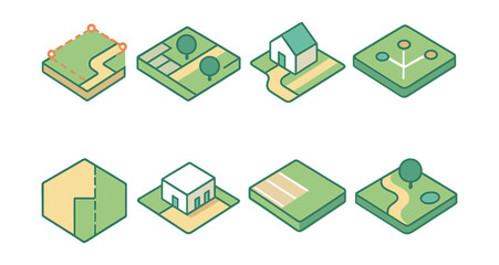 Urban planning icons set – map, land plot, house, park, landscaping, roadway, neighborhood