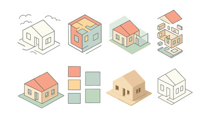 Isometric house design icons – cube, blueprint, construction, plan, isometric, architecture, components