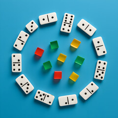 Flat Lay of Domino Circle and Colorful Cubes on Solid Blue Background, Modern Minimalist Business Concept, Abstract Creative Arrangement for Corporate Strategy.