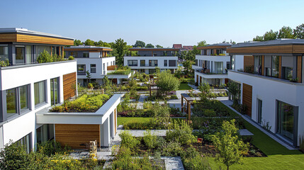 Fototapeta premium Eco friendly residential area with modern flat roof houses and lush gardens