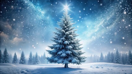 Snow covered pine tree in a winter wonderland with frosty air and snowflakes gently falling around the base of the tree, cold climate, snowfall