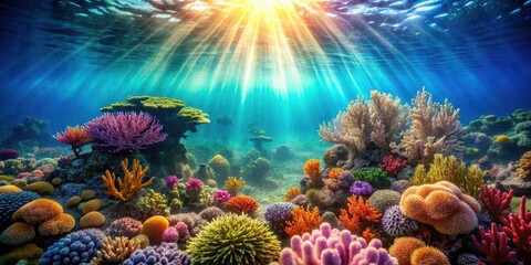 Naklejka premium Vibrant coral reefs teeming with life, sunlight filtering through the water creates an ethereal glow, surrounded by lush seaweed swaying gently in the current , ocean, tropical