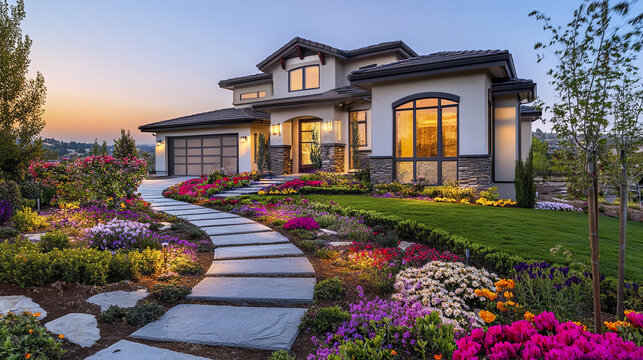 Elegant single family home with stone path and colorful flowers in serene setting
