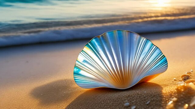 Beautiful shell lies on golden sand of beach. Setting sun is reflected in water and illuminates shell, waves run over sea shore of ocean. Concept of summer vacation, design for advertising tourism.