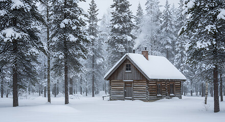 Cozy Cabin Retreat In Winter Wonderland Forest During A Snowfall