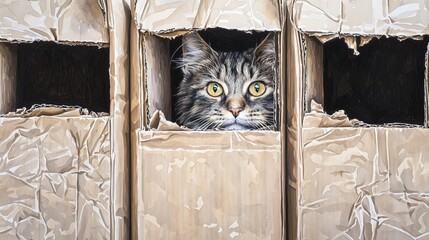 Curious tabby cat peeking out from inside a cardboard box with torn edges and multiple compartments, showcasing playful pet behavior in a home environment