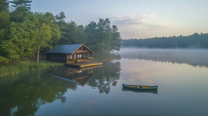Fototapeta premium serene lakeside cabin surrounded by trees, with canoe docked nearby, evokes tranquility