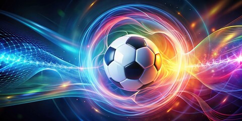 Naklejka premium Vibrant abstract background with swirling energy field surrounding a glowing soccer ball , dynamic
