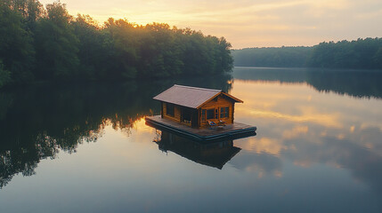 Obraz premium serene floating cabin on tranquil lake at sunrise, reflecting nature beauty