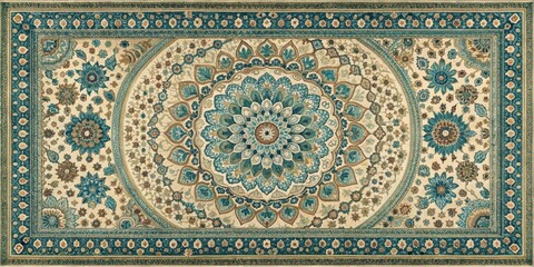 Traditional rug with intricate circular motifs and geometric patterns in shades of blue and green on a cream background, woven textile , traditional rug