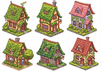 Fototapeta premium Charming Isometric Pixel Art Cottages with Green Roofs and Lush Gardens