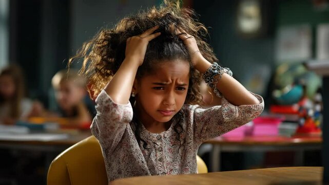 Young girl struggling with frustration in a classroom during a learning activity