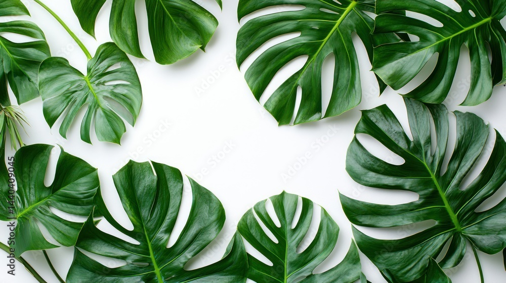 Poster monstera leaves overlapping to create layered texture on white background