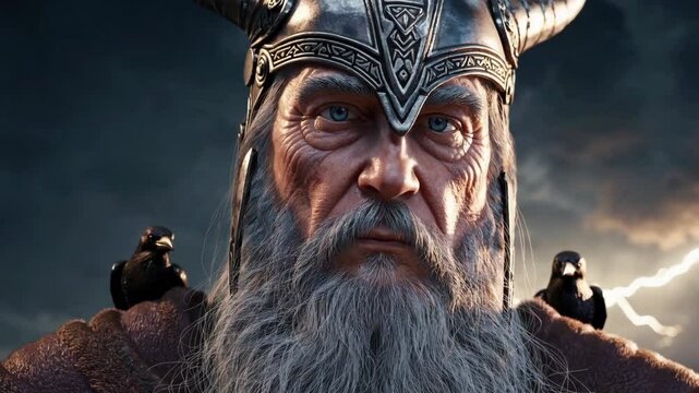 Majestic viking warrior and ravens amidst stormy skies with lightning