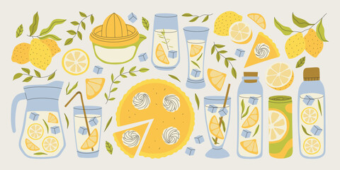 Lemonade in jar, mint cocktails cartoon set. Pitcher drinks with straw, lemon slice. Vector illustration set of lemonade, cocktails, mocktails with various flavors for parties, summer drinks 