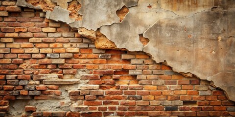 A worn and weathered brick wall with a broken corner, where crumbling pieces are falling apart, revealing a layer of dusty mortar beneath, decay process, architectural damage