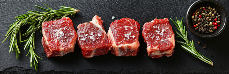 Raw pork chops cubes with salt and pepper on table, captured in high-resolution with insanely detailed textures, fine details, professional color grading. Shashlik - popular Central Asia meat dish.