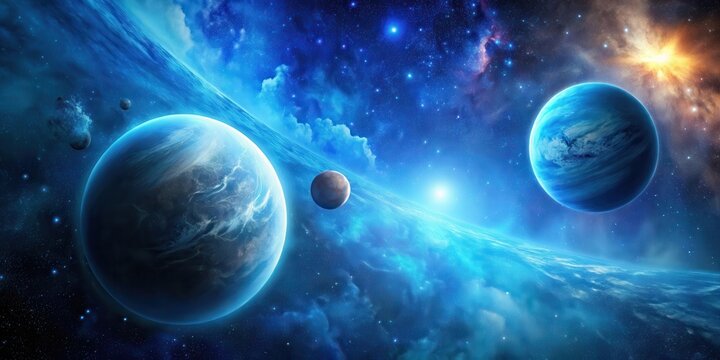 Two exoplanets orbiting a distant galaxy with vibrant blue gas clouds surrounding them in the vastness of space , starry night sky, celestial bodies