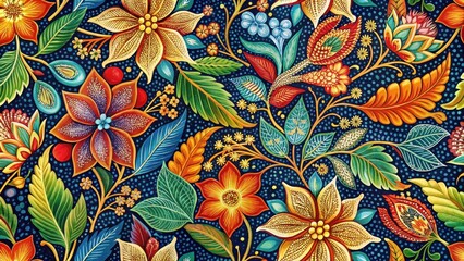 Fototapeta premium Batik Leaf Pattern with Bright Floral Motifs