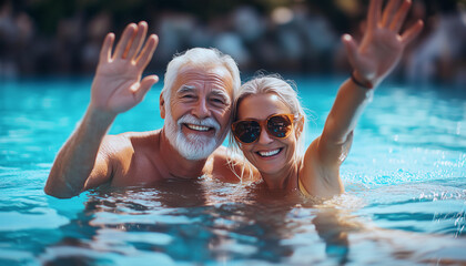  Joyful elderly man and woman in swimwear smiling, waving in outdoor pool. Vibrant daylight reflects on rippling blue water, showcasing cheerful expressions, active lifestyle, happy retirement concept