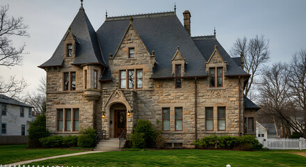 Magnificent Stone Mansion Shines on a Lush Green Lawn Under Cloudy Skies