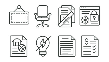 Office and document management icons set – chair, file, lock, sign, lightbulb, document