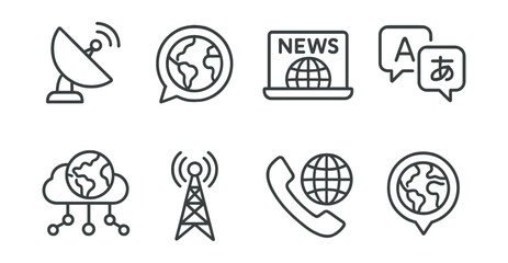 Global communication icons set &ndash; satellite, news, translation, network, antenna, globe