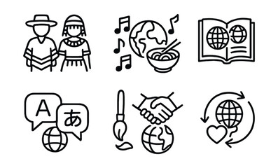 Cultural exchange icon set – traditions, language, music, cuisine, education, art, connection