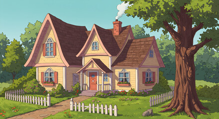 Fototapeta premium Charming Family Home In A Serene Landscape With Idyllic Countryside Ambiance