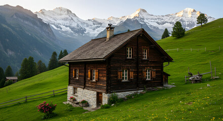 Obraz premium Charming Rustic Cabin Nestled In The Swiss Alps With Majestic Mountain Views
