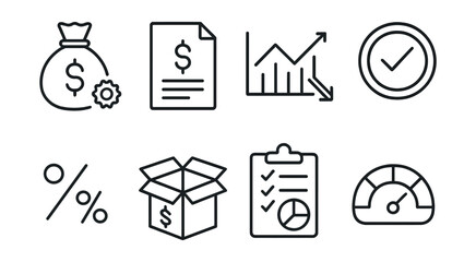 Finance and business analysis icons set – money, document, graph, checklist, box, speedometer
