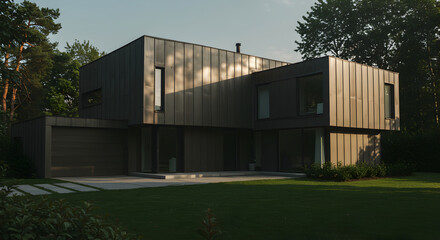 Obraz premium Modern Cube House With Green Lawn And Surrounding Trees During Daytime