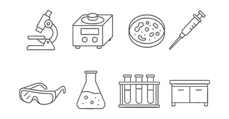 Science laboratory icons set – microscope, centrifuge, petri dish, syringe, goggles, flask, test tubes, lab table